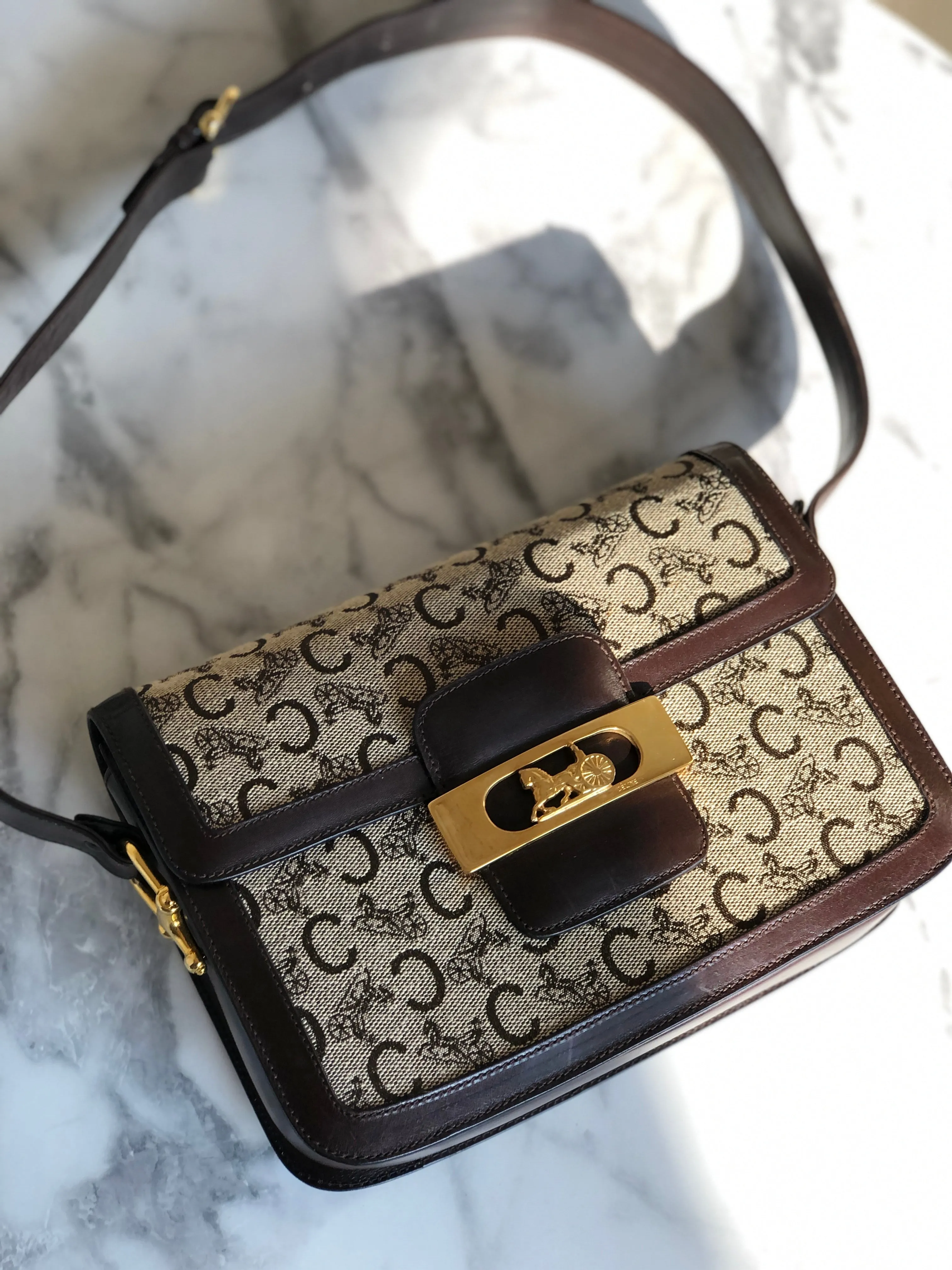 CELINE C Macadam Horse carriage Jacquard Shoulder bag Brown Vintage Old CELINE 5chm38