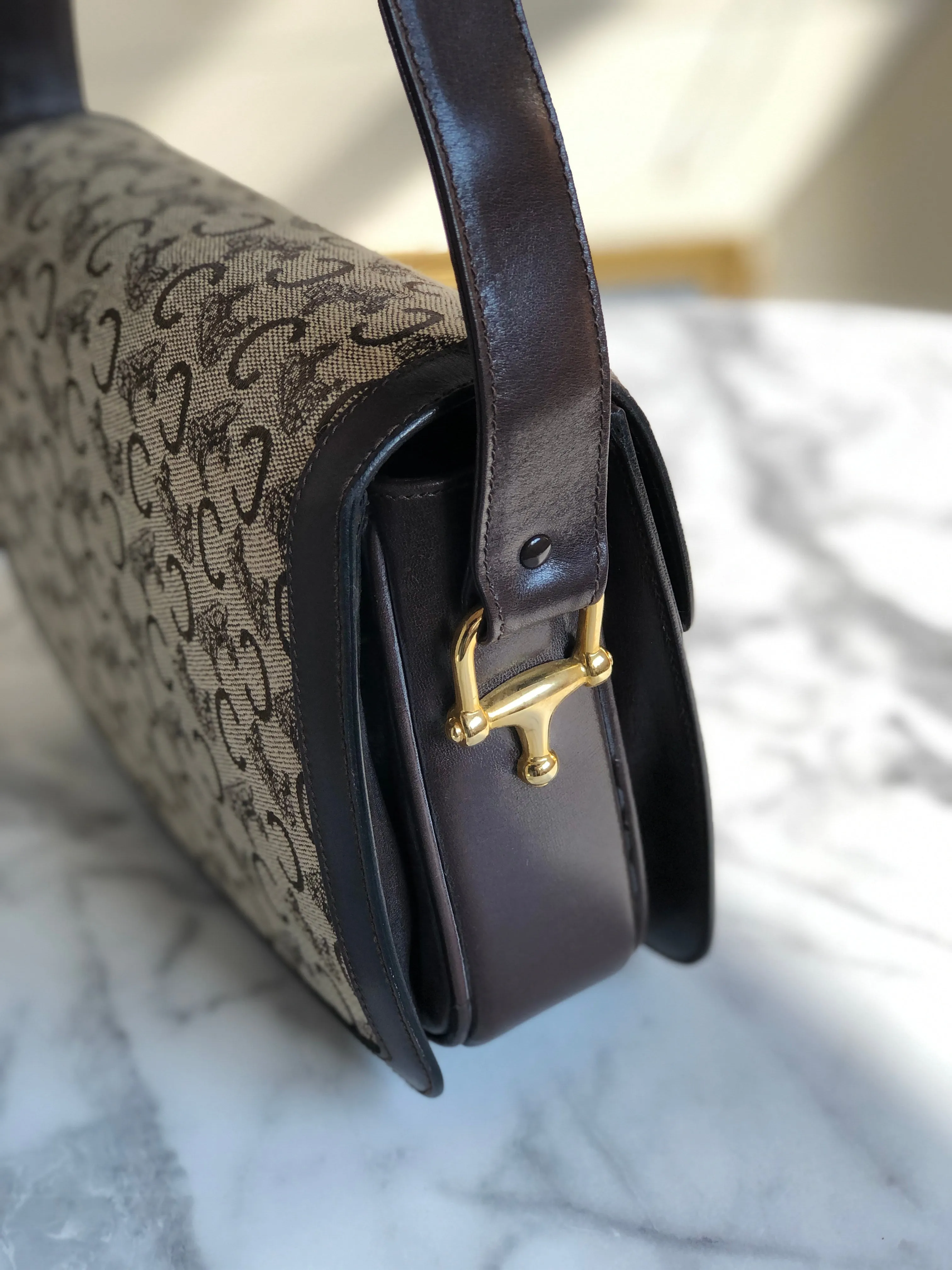 CELINE C Macadam Horse carriage Jacquard Shoulder bag Brown Vintage Old CELINE 5chm38