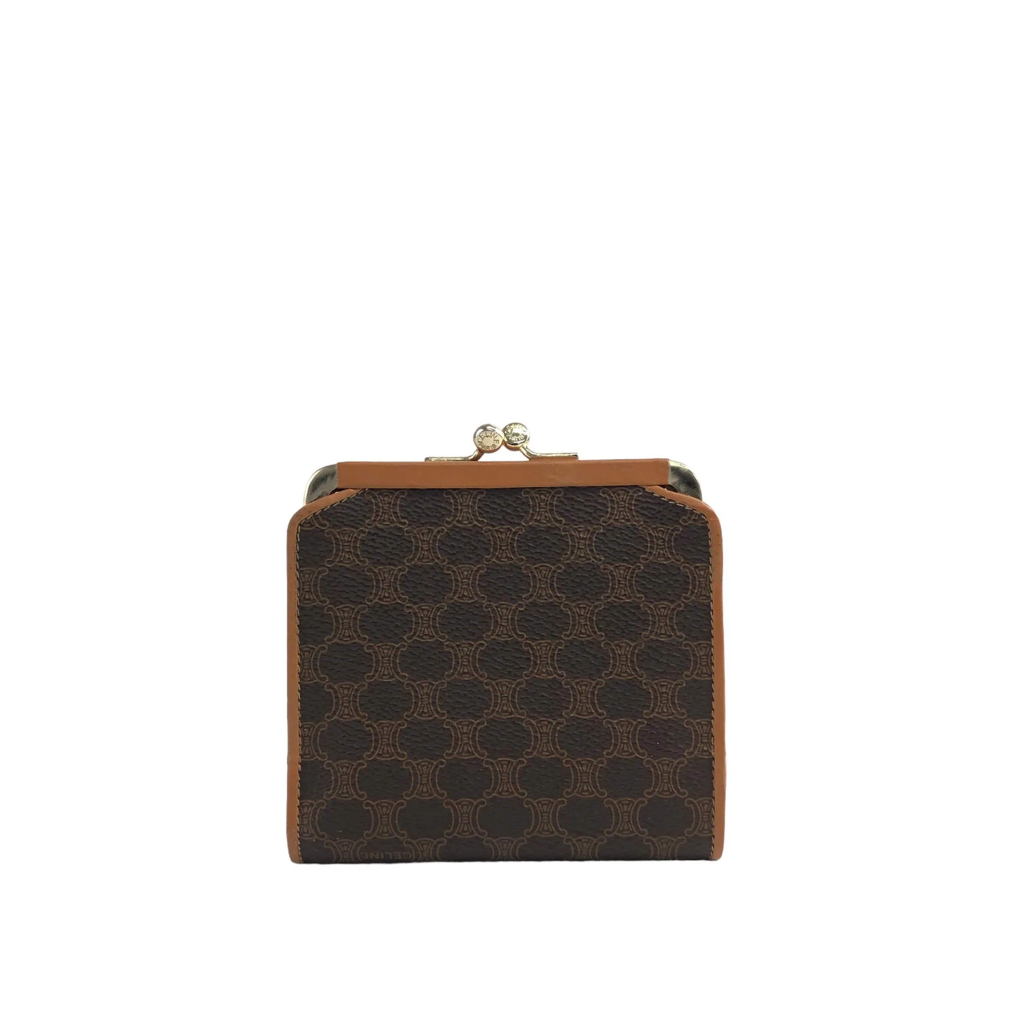 CELINE Macadam Blason Metal Clasp Trifold Wallet Brown Vintage jcbywy
