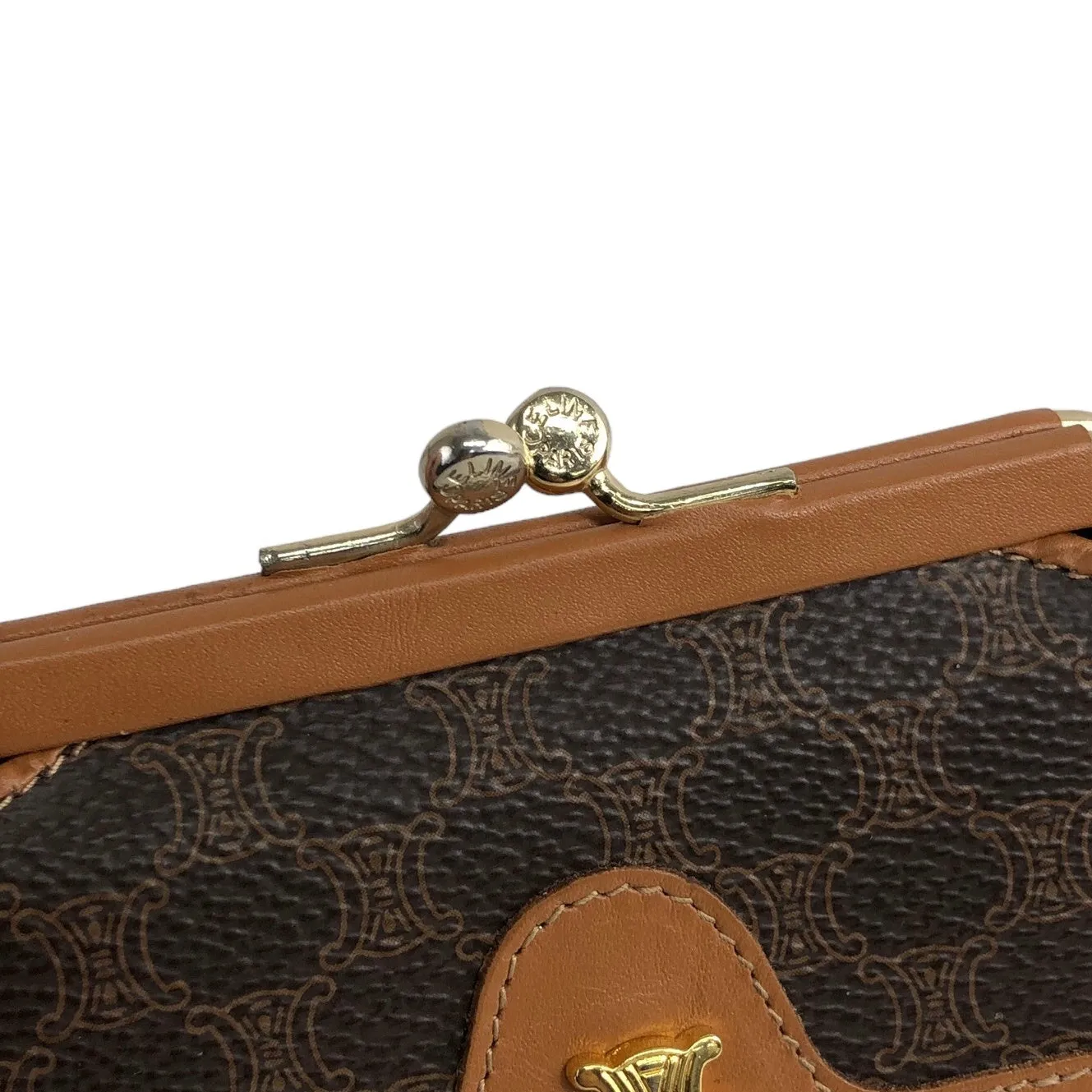 CELINE Macadam Blason Metal Clasp Trifold Wallet Brown Vintage jcbywy