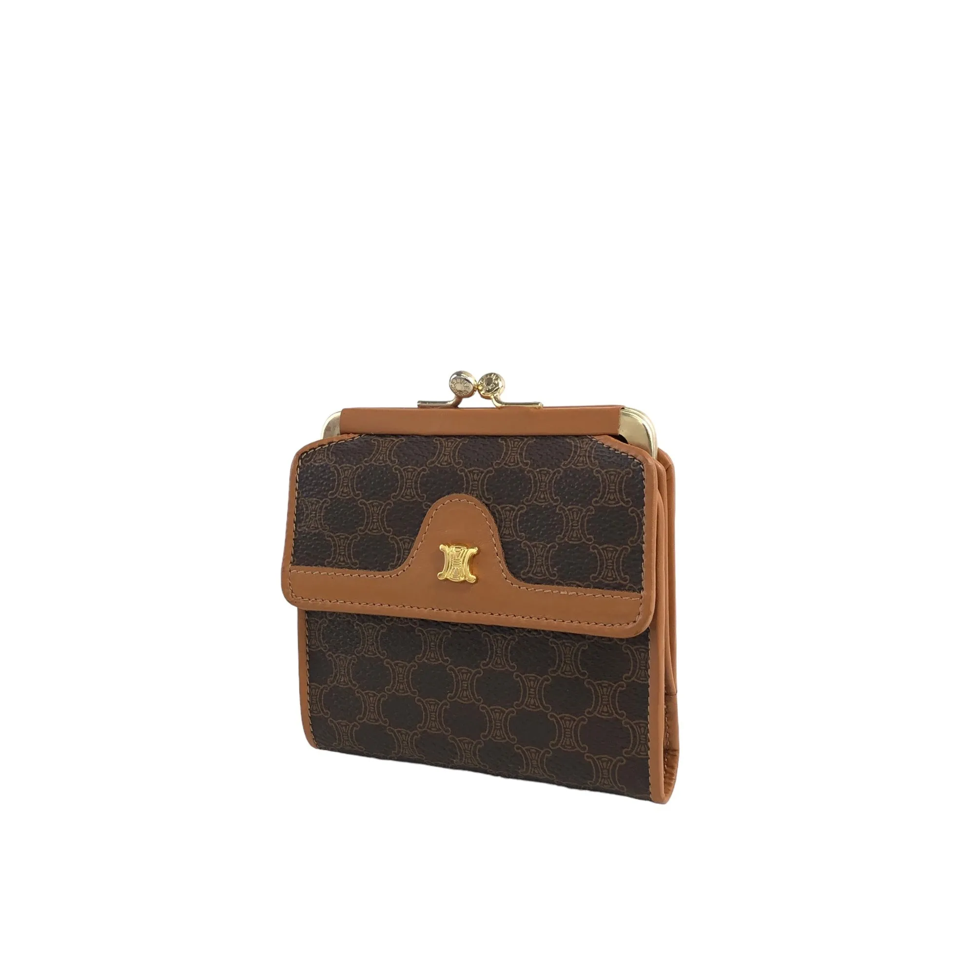 CELINE Macadam Blason Metal Clasp Trifold Wallet Brown Vintage jcbywy