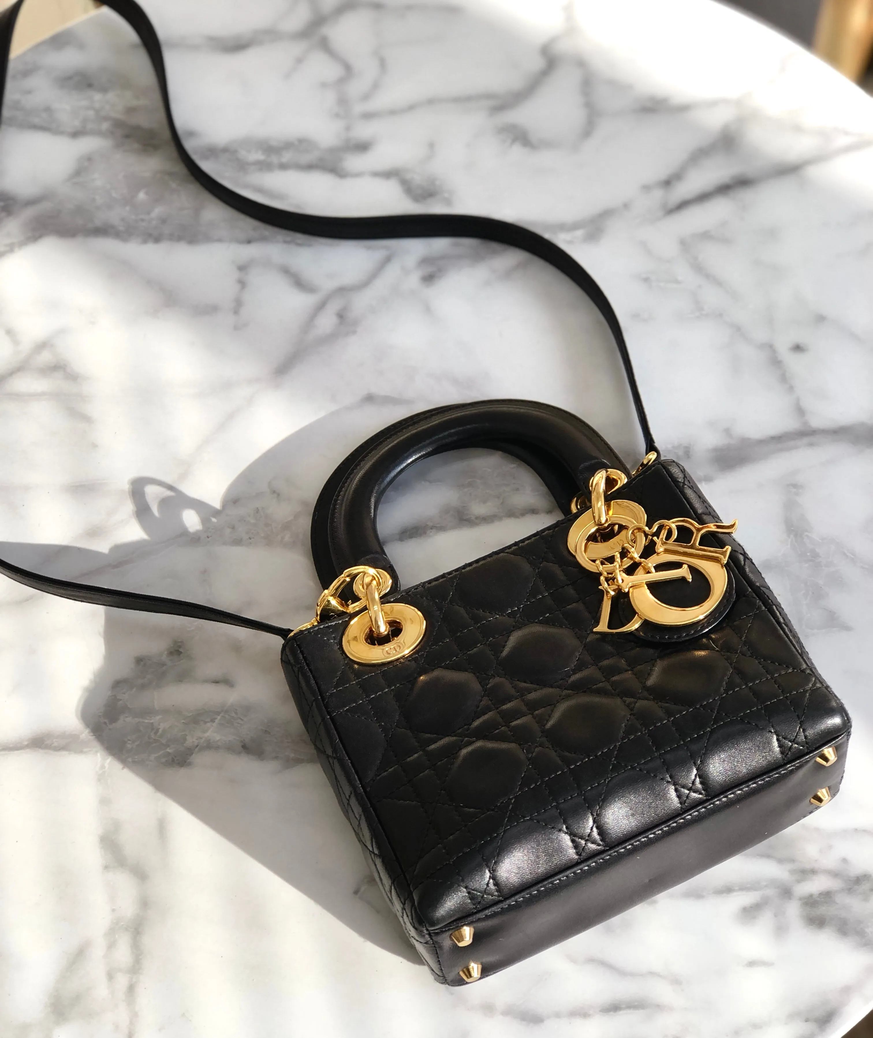 Christian Dior Cannage Lady dior Leather Small Handbag Shoulder bag Black 7tgg5g