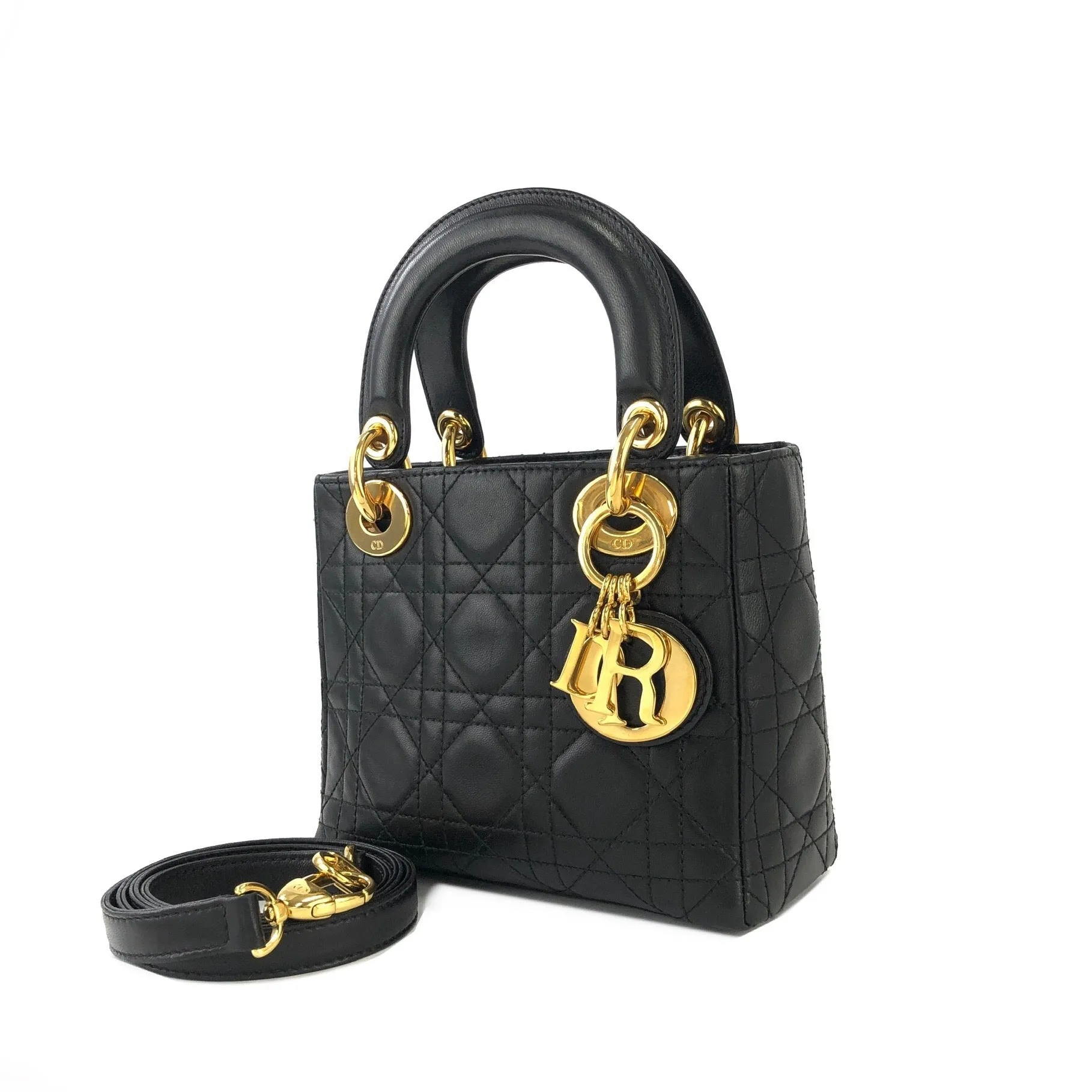 Christian Dior Cannage Lady dior Leather Small Handbag Shoulder bag Black 7tgg5g