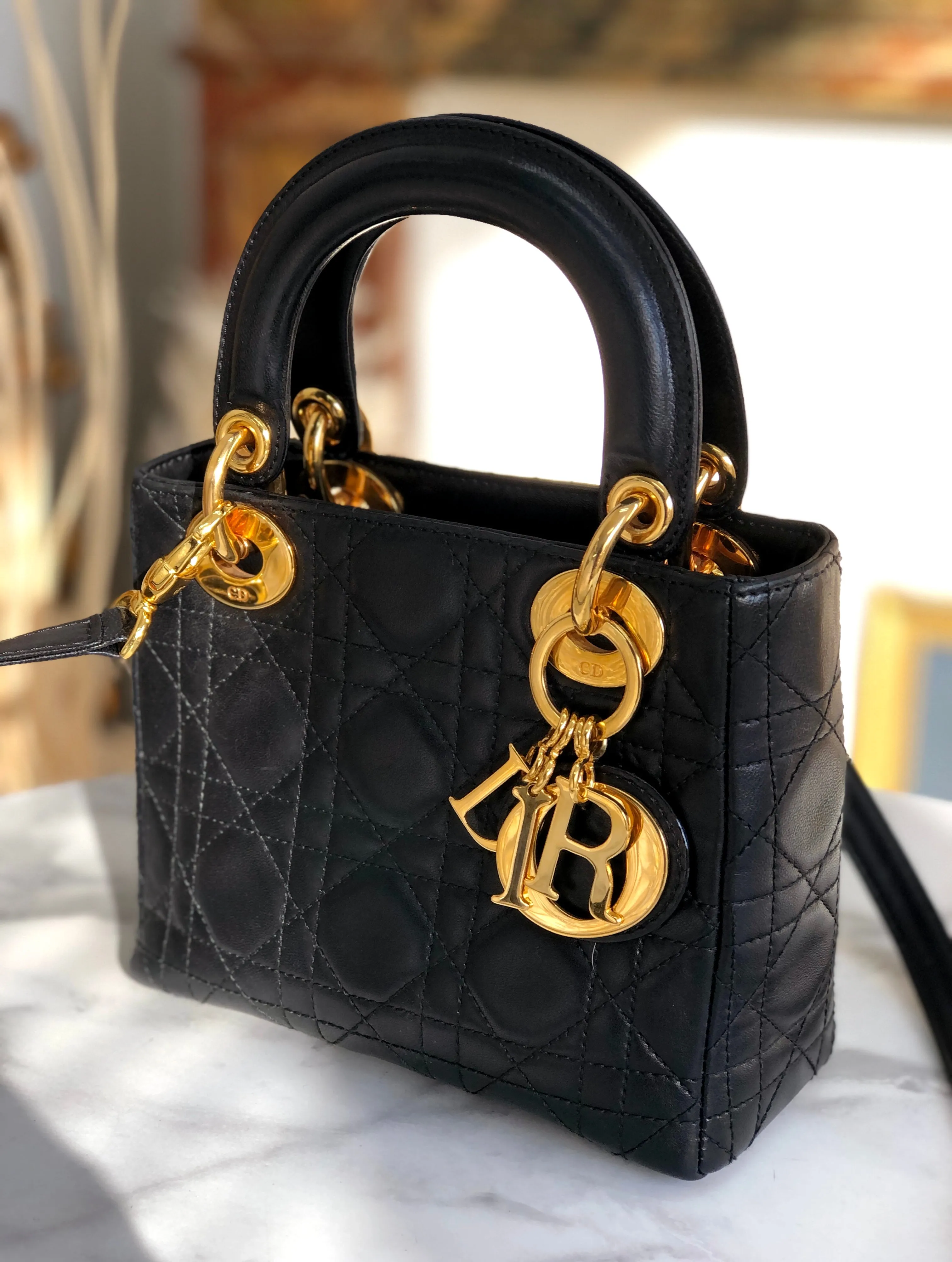 Christian Dior Cannage Lady dior Leather Small Handbag Shoulder bag Black 7tgg5g