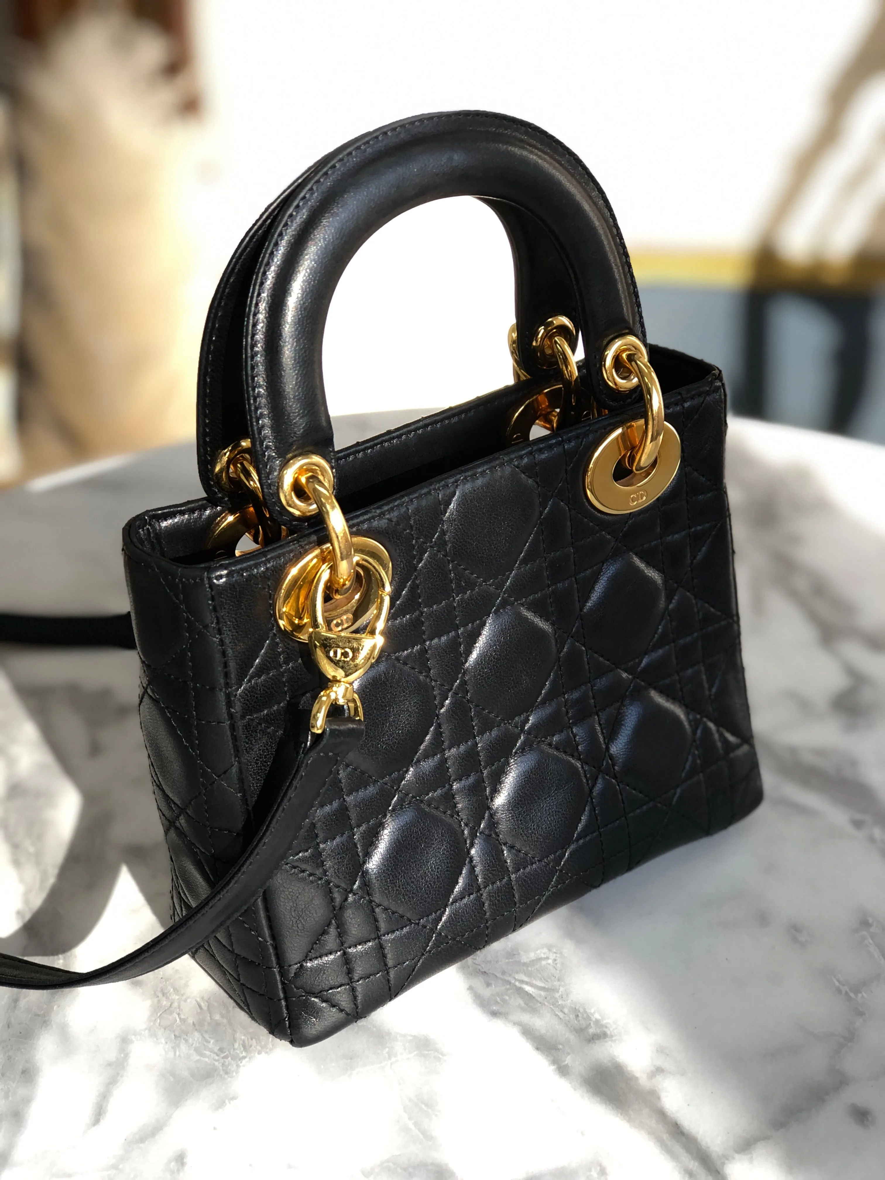 Christian Dior Cannage Lady dior Leather Small Handbag Shoulder bag Black 7tgg5g