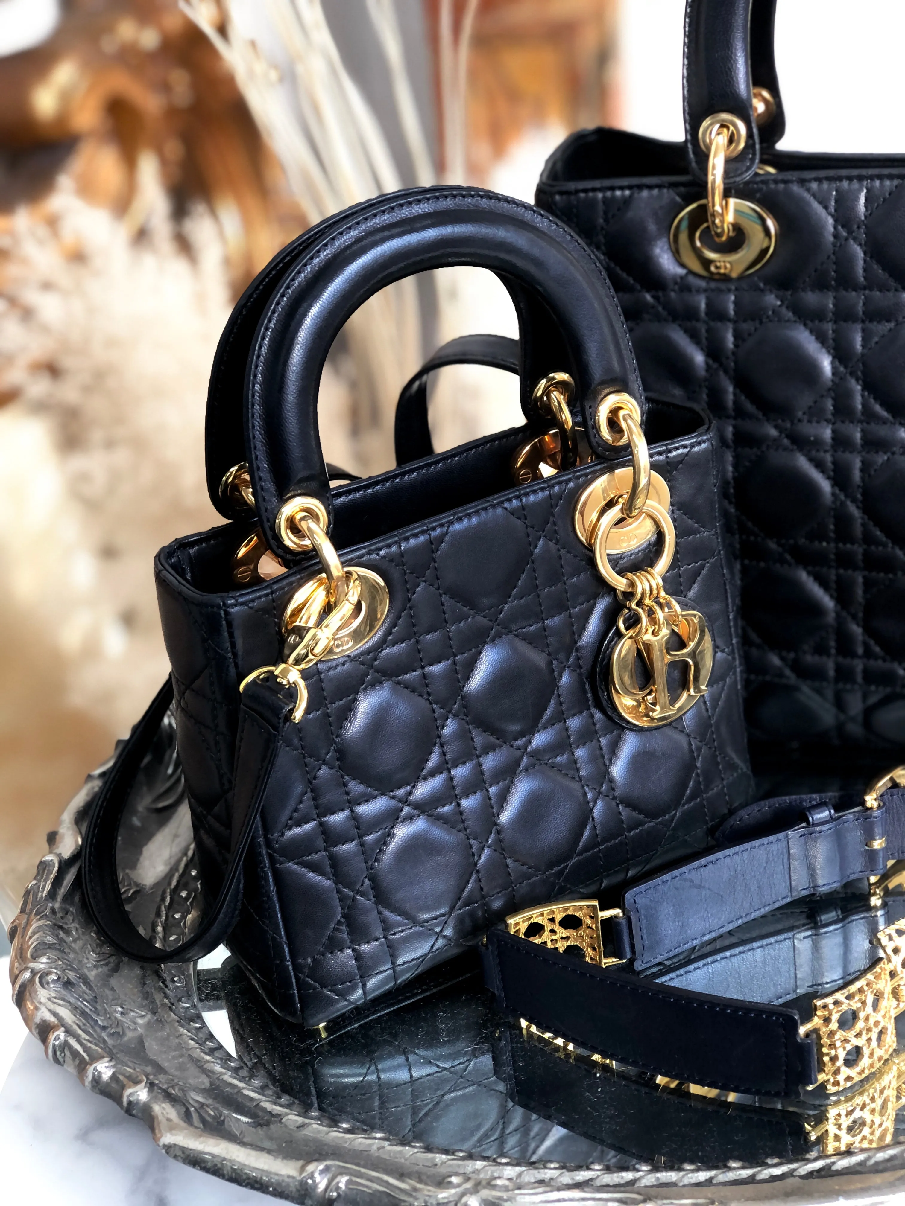 Christian Dior Cannage Lady dior Leather Small Handbag Shoulder bag Black 7tgg5g