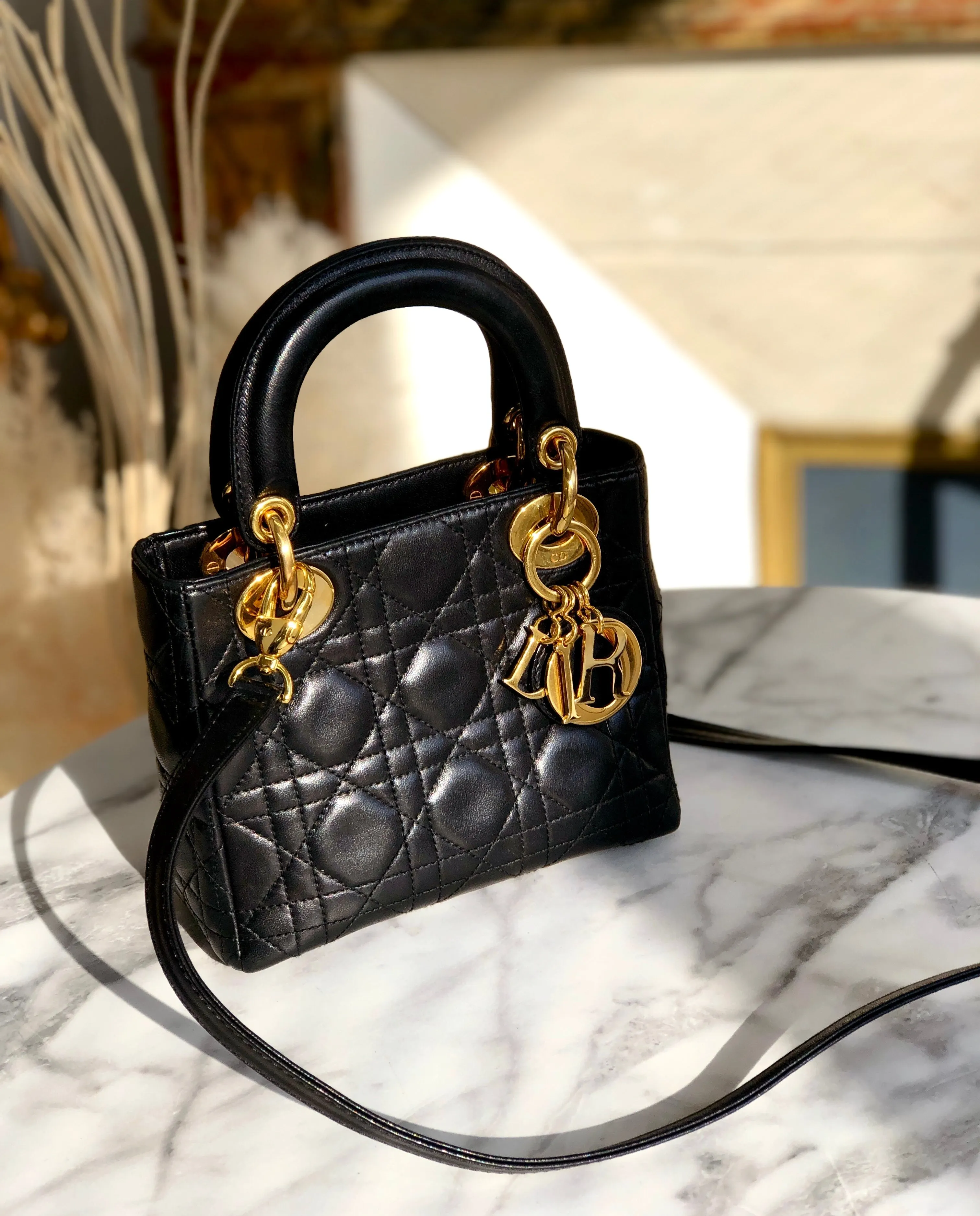 Christian Dior Cannage Lady dior Leather Small Handbag Shoulder bag Black 7tgg5g