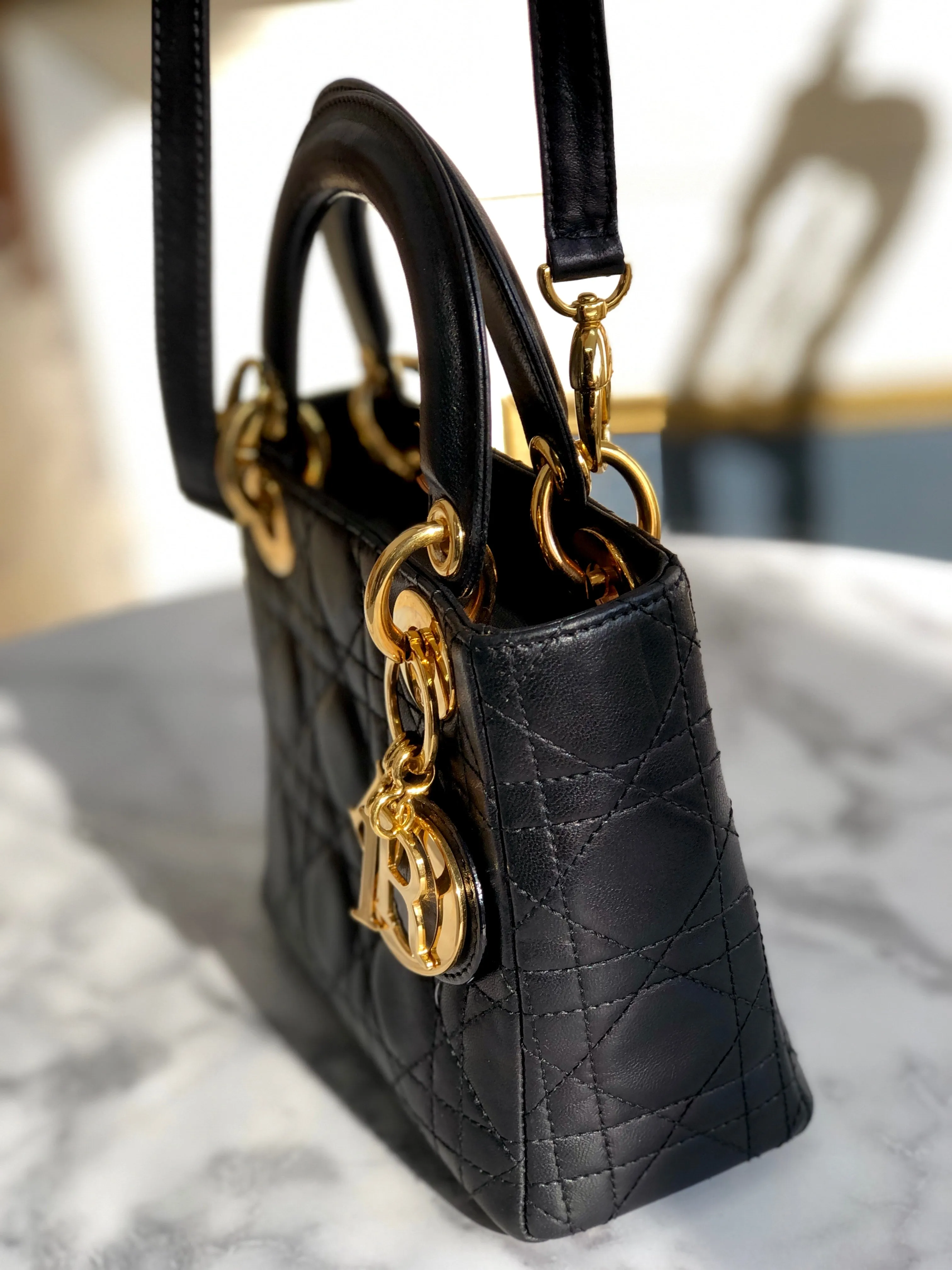 Christian Dior Cannage Lady dior Leather Small Handbag Shoulder bag Black 7tgg5g