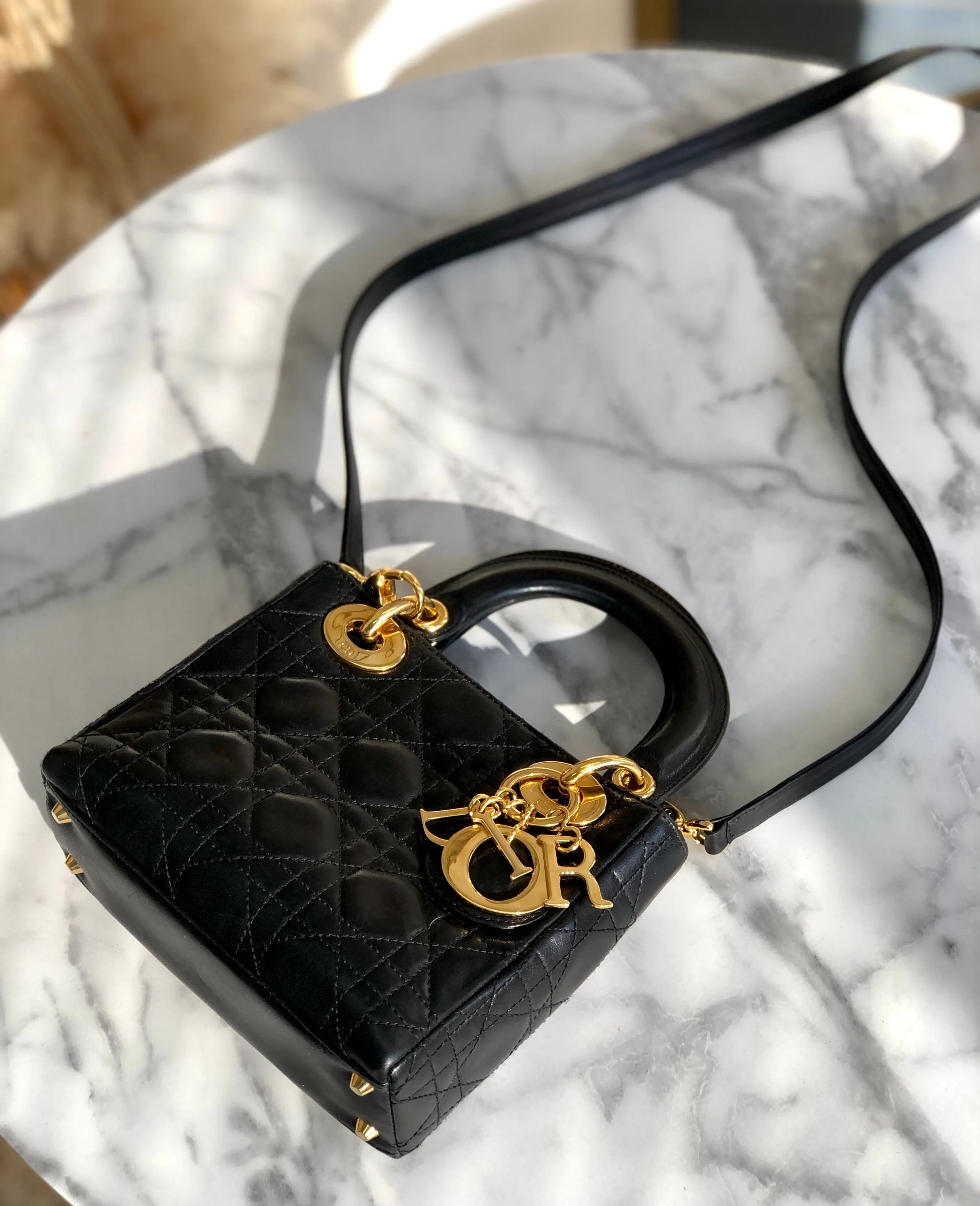 Christian Dior Cannage Lady dior Leather Small Handbag Shoulder bag Black 7tgg5g