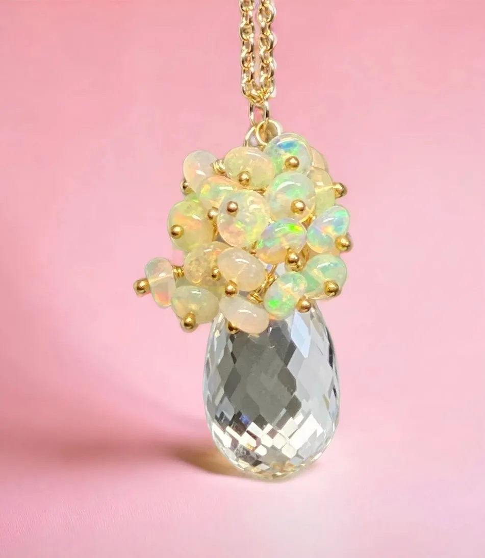 Clear Crystal Quartz Opal Cluster Pendant Necklace