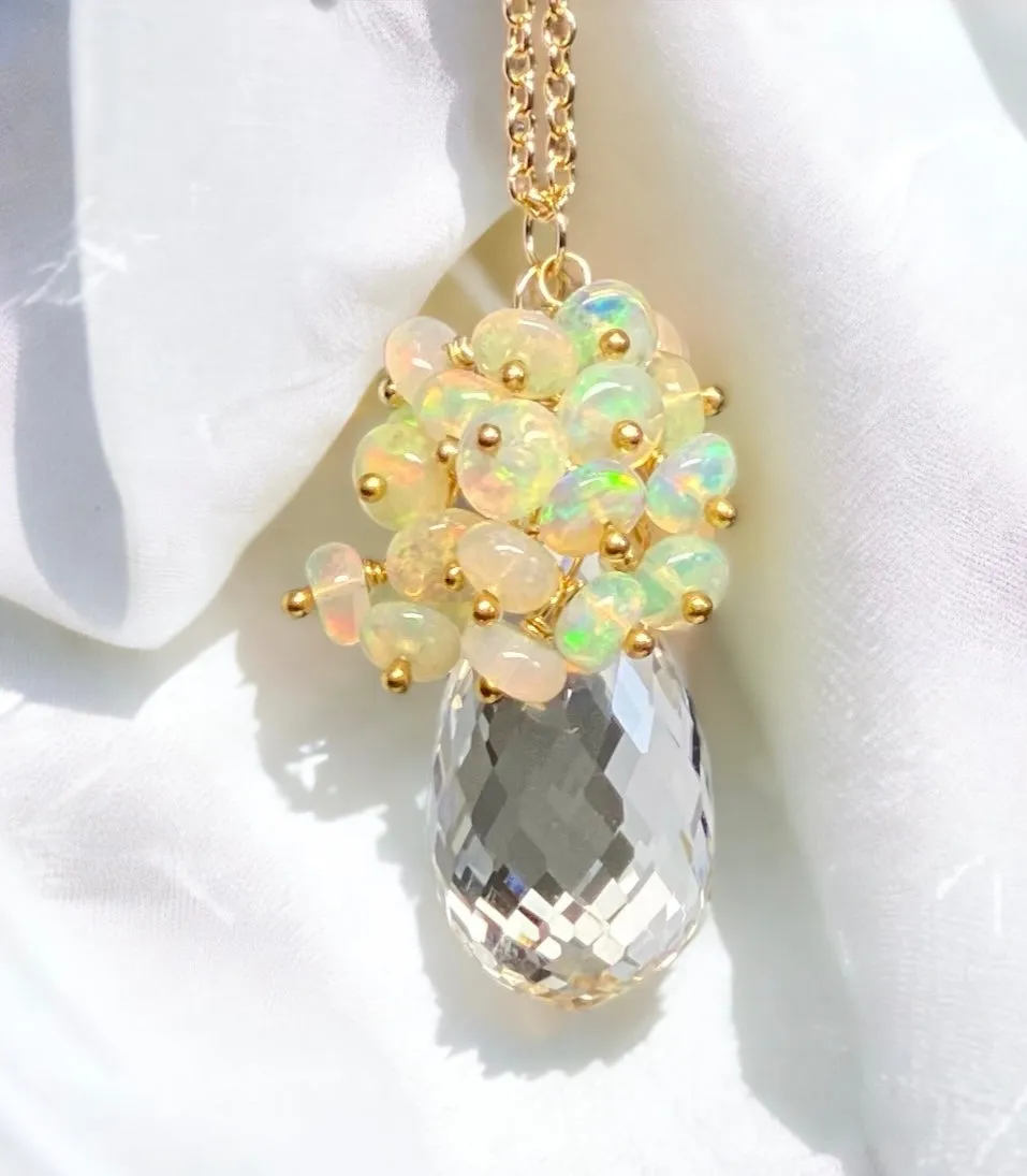 Clear Crystal Quartz Opal Cluster Pendant Necklace