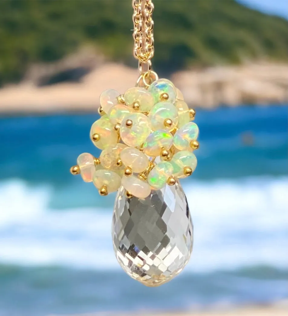Clear Crystal Quartz Opal Cluster Pendant Necklace
