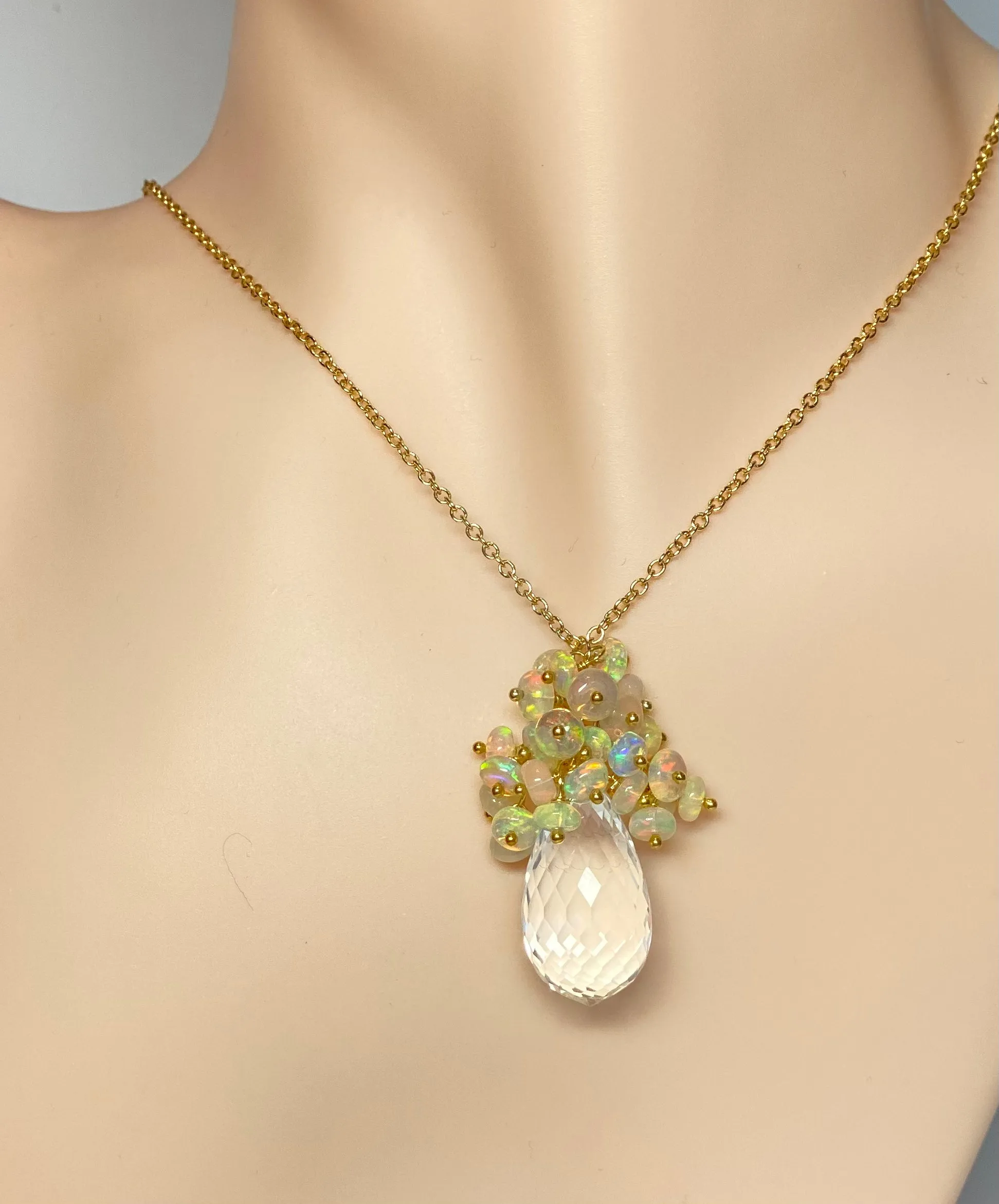 Clear Crystal Quartz Opal Cluster Pendant Necklace
