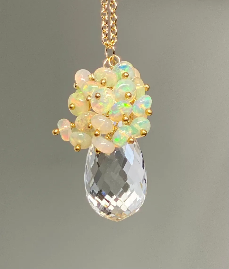 Clear Crystal Quartz Opal Cluster Pendant Necklace