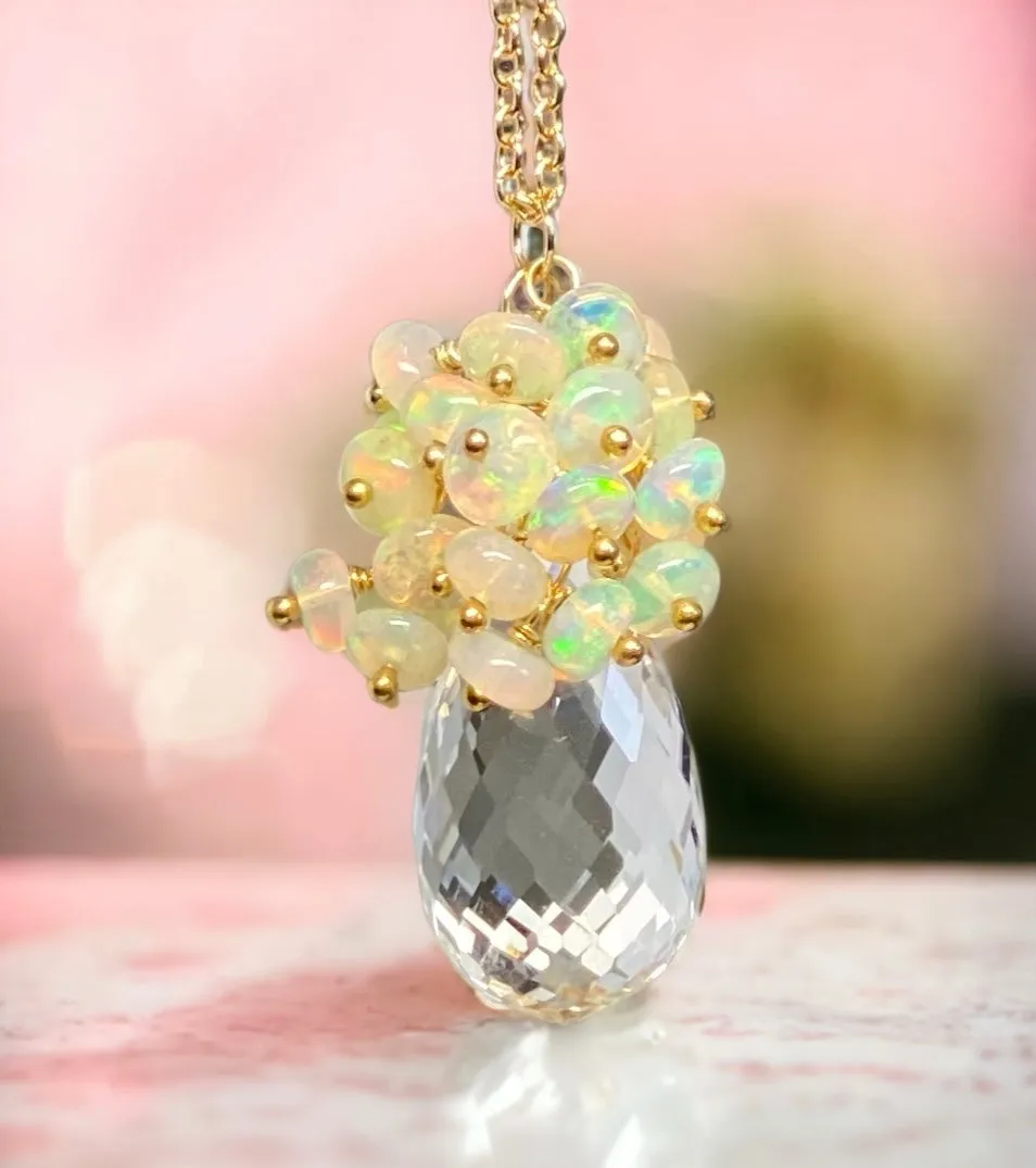 Clear Crystal Quartz Opal Cluster Pendant Necklace
