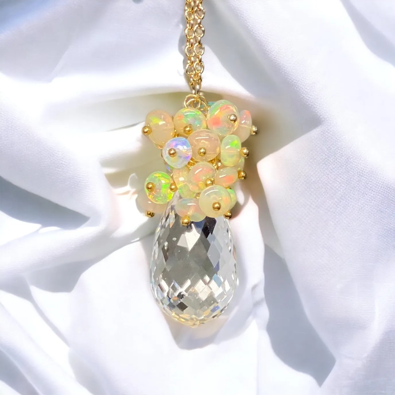 Clear Crystal Quartz Opal Cluster Pendant Necklace