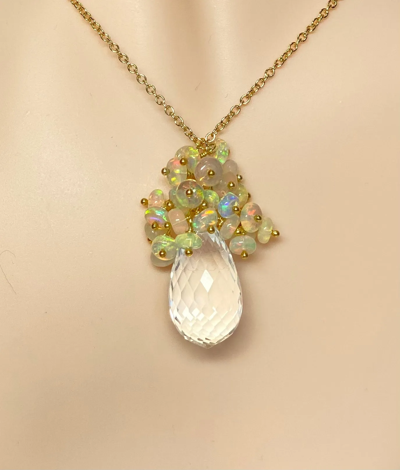 Clear Crystal Quartz Opal Cluster Pendant Necklace