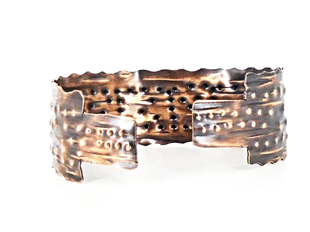 Copper  Handmade Boho Bracelet Cuff Tarnished And Stamp Design