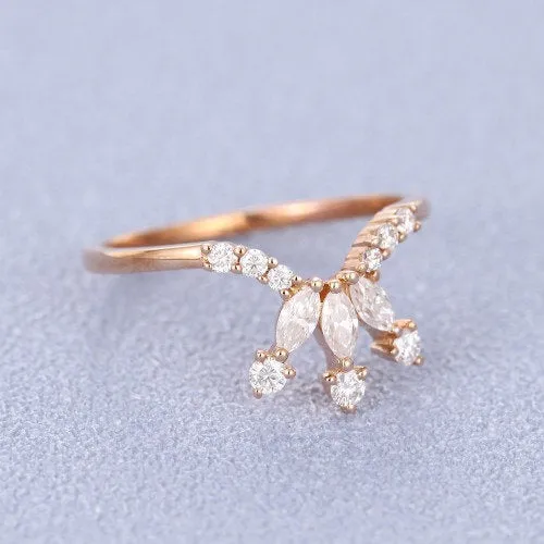 Curved wedding band rose gold women vintage Marquise cut Moissanite stacking matching Unique Promise Diamond Bridal Anniversary Gift for her