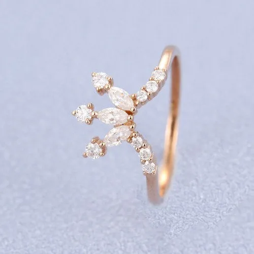 Curved wedding band rose gold women vintage Marquise cut Moissanite stacking matching Unique Promise Diamond Bridal Anniversary Gift for her