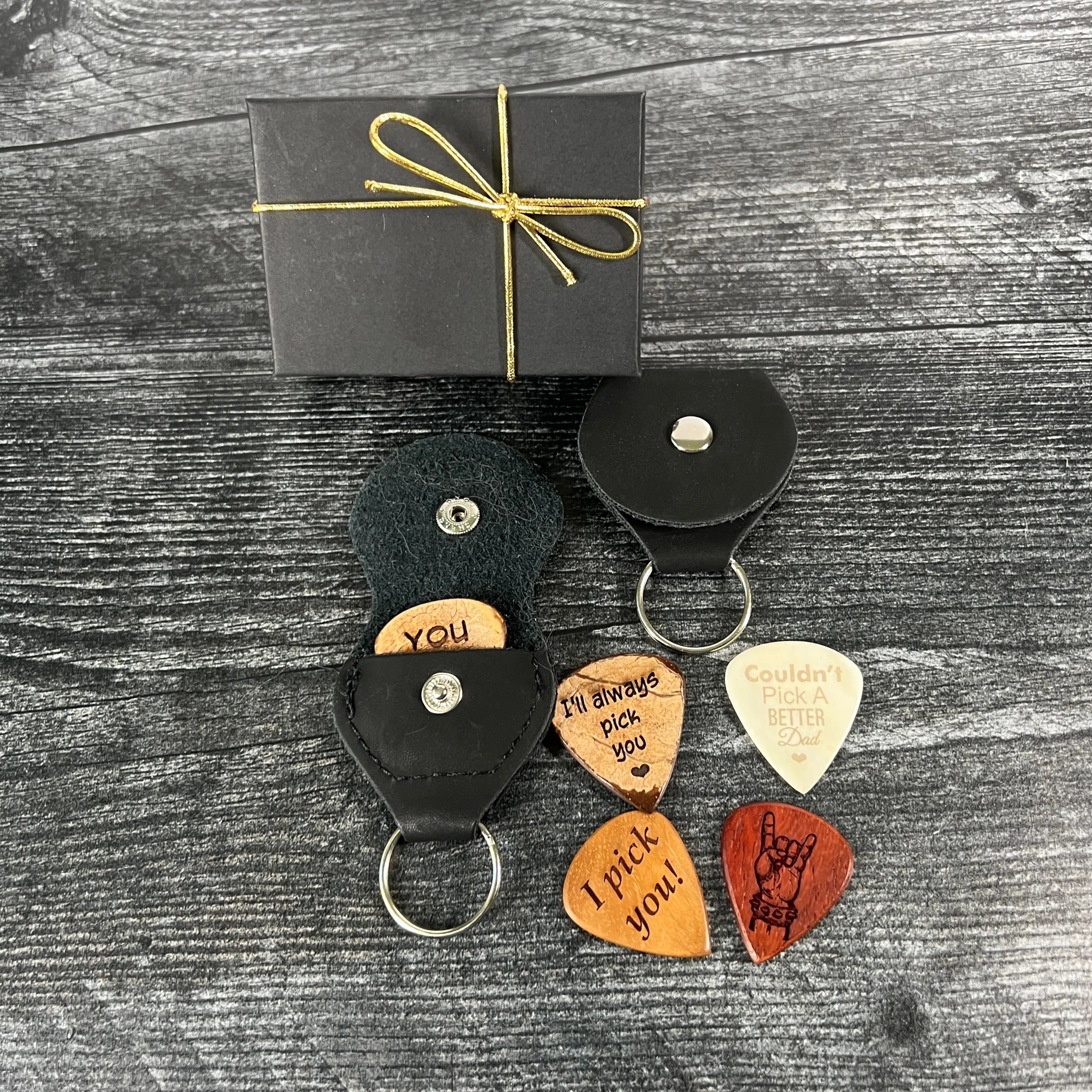 Custom Engraved Guitar Pick with Leather Pouch, Choice of Wood or Bone