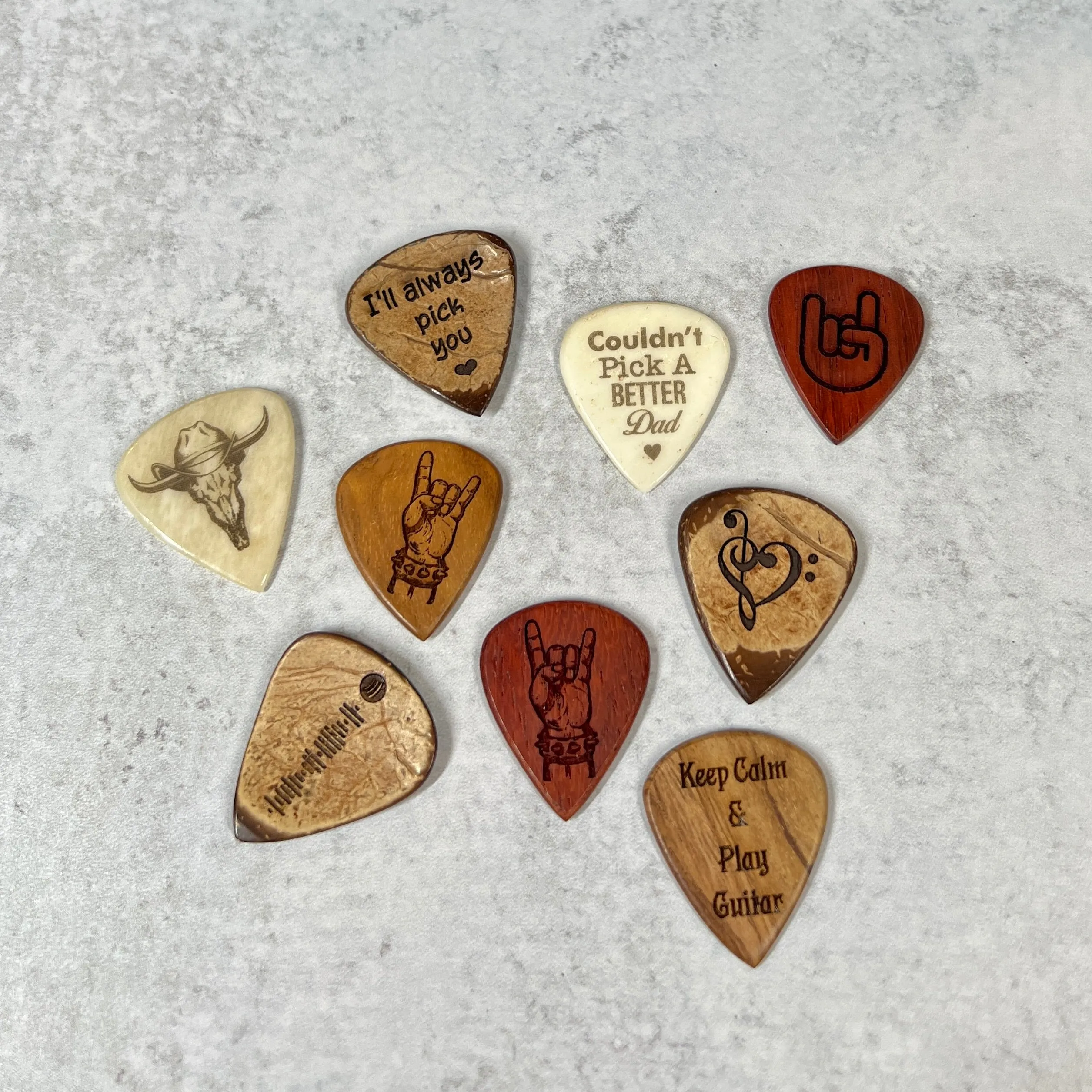 Custom Engraved Guitar Pick with Leather Pouch, Choice of Wood or Bone