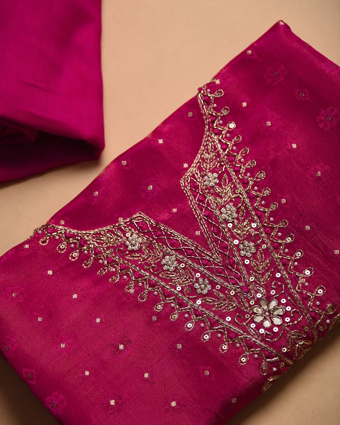Deep Pink Silk Viscose Blend Woven With Embroidery Unstitched Suit Fabric Set With Silk Viscose Blend Woven Dupatta