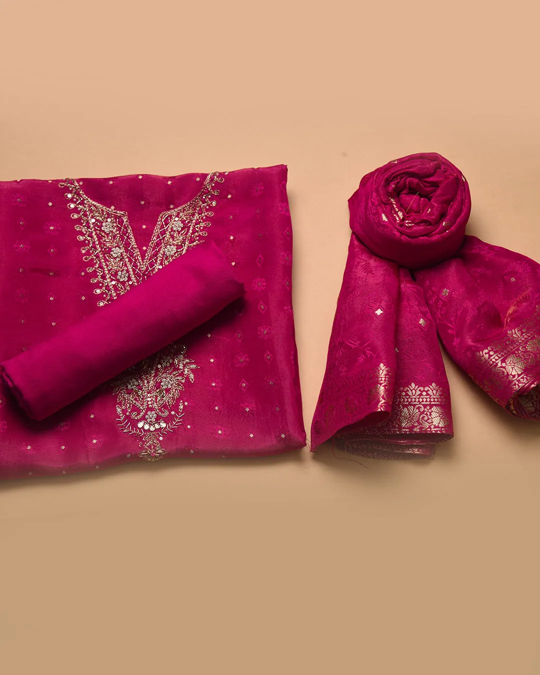 Deep Pink Silk Viscose Blend Woven With Embroidery Unstitched Suit Fabric Set With Silk Viscose Blend Woven Dupatta