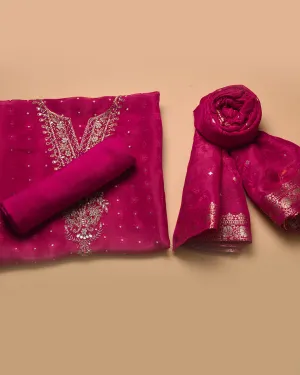 Deep Pink Silk Viscose Blend Woven With Embroidery Unstitched Suit Fabric Set With Silk Viscose Blend Woven Dupatta