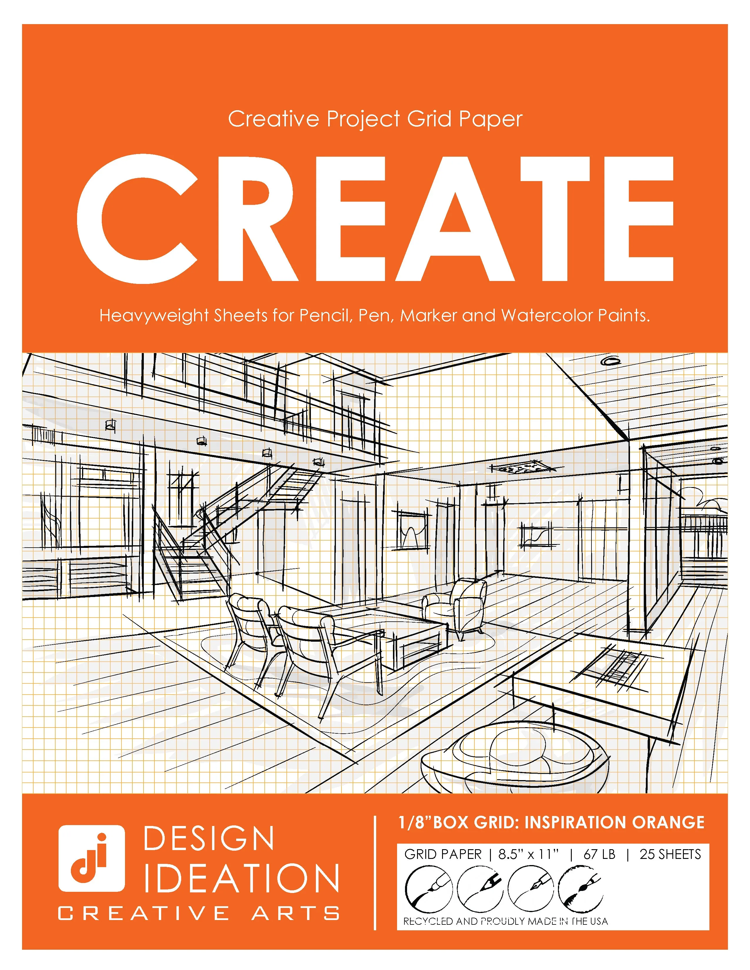 Design Ideation Grid Paper. ORANGE Grid. Premium Grid Paper. Creative Project.  (8.5" x 11") 1/8" Box Grid. LP-GRID-CP-OR