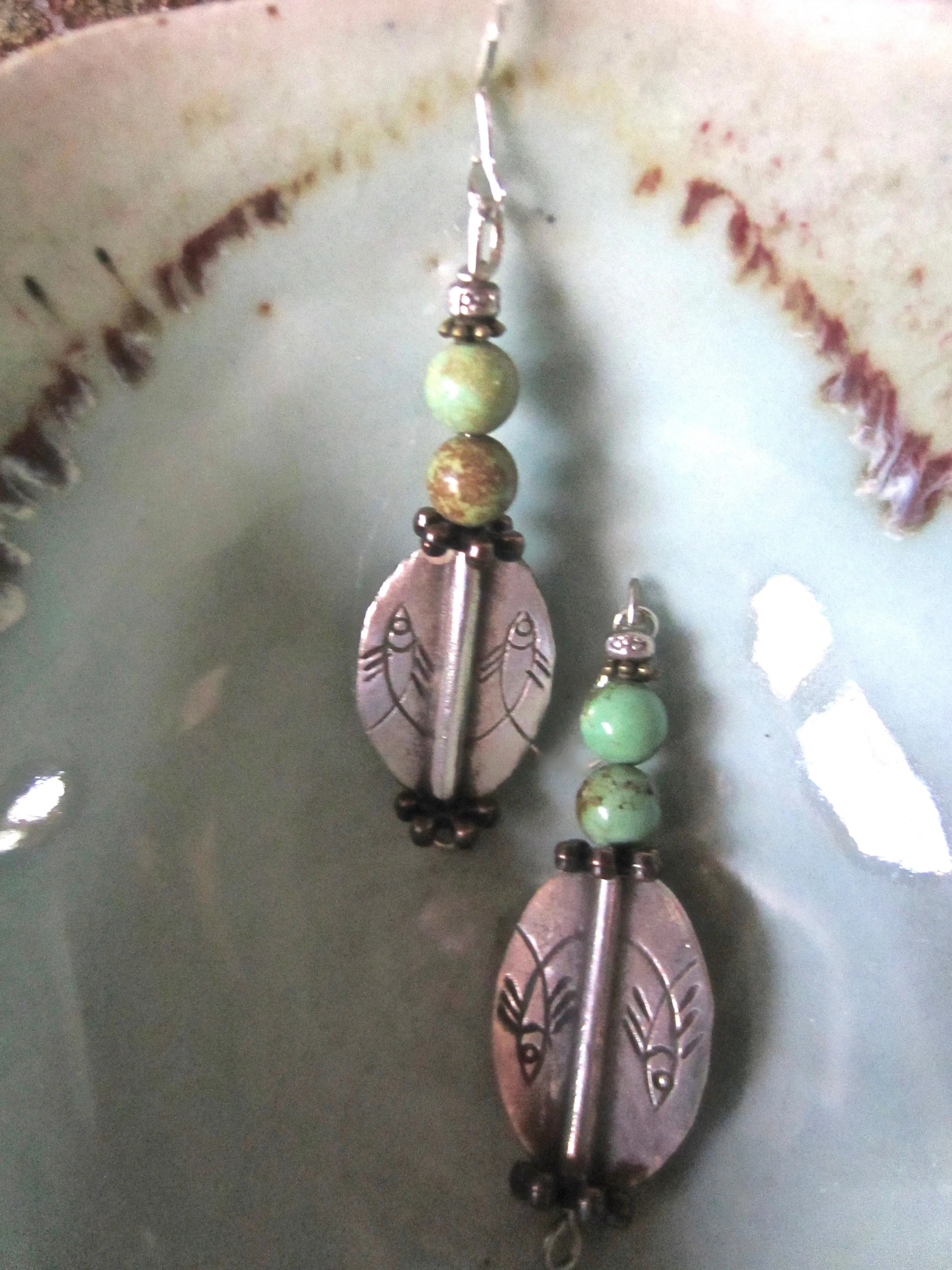 Double Pisces Silver Dangle Earrings with African Turquoise