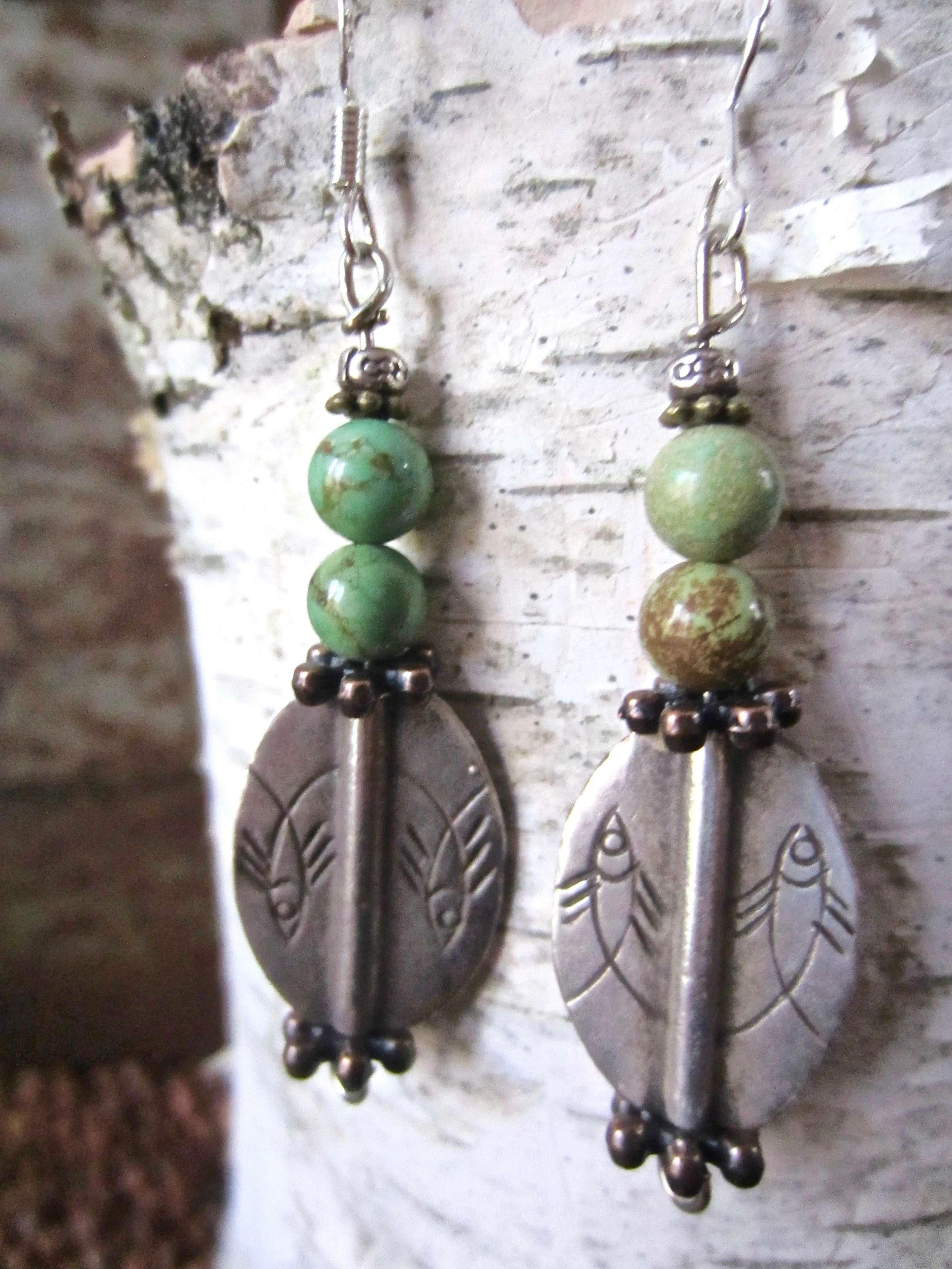 Double Pisces Silver Dangle Earrings with African Turquoise