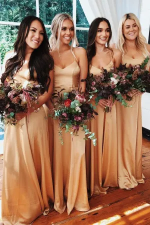 Elegant A-line Sweetheart Spaghetti Straps Gold Satin Long Bridesmaid Dresses,MBD141