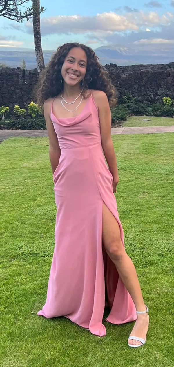Elegant Pink Spaghetti Strap A-Line Side Slit Long Prom Dresses,WGP431