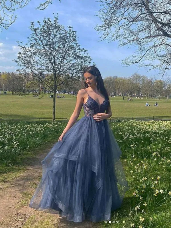 Elegant Spaghetti Strap V-neck Sleeveless A-line Tulle Long Prom Dresses Online, OL546