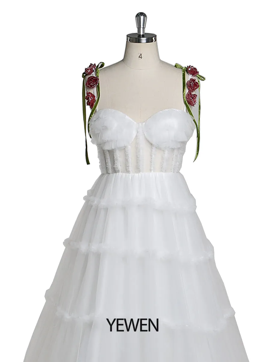 Elegant Sweetheart Neckline Wedding Dress with Spaghetti Strap Handmade Beading Flower YEWEN