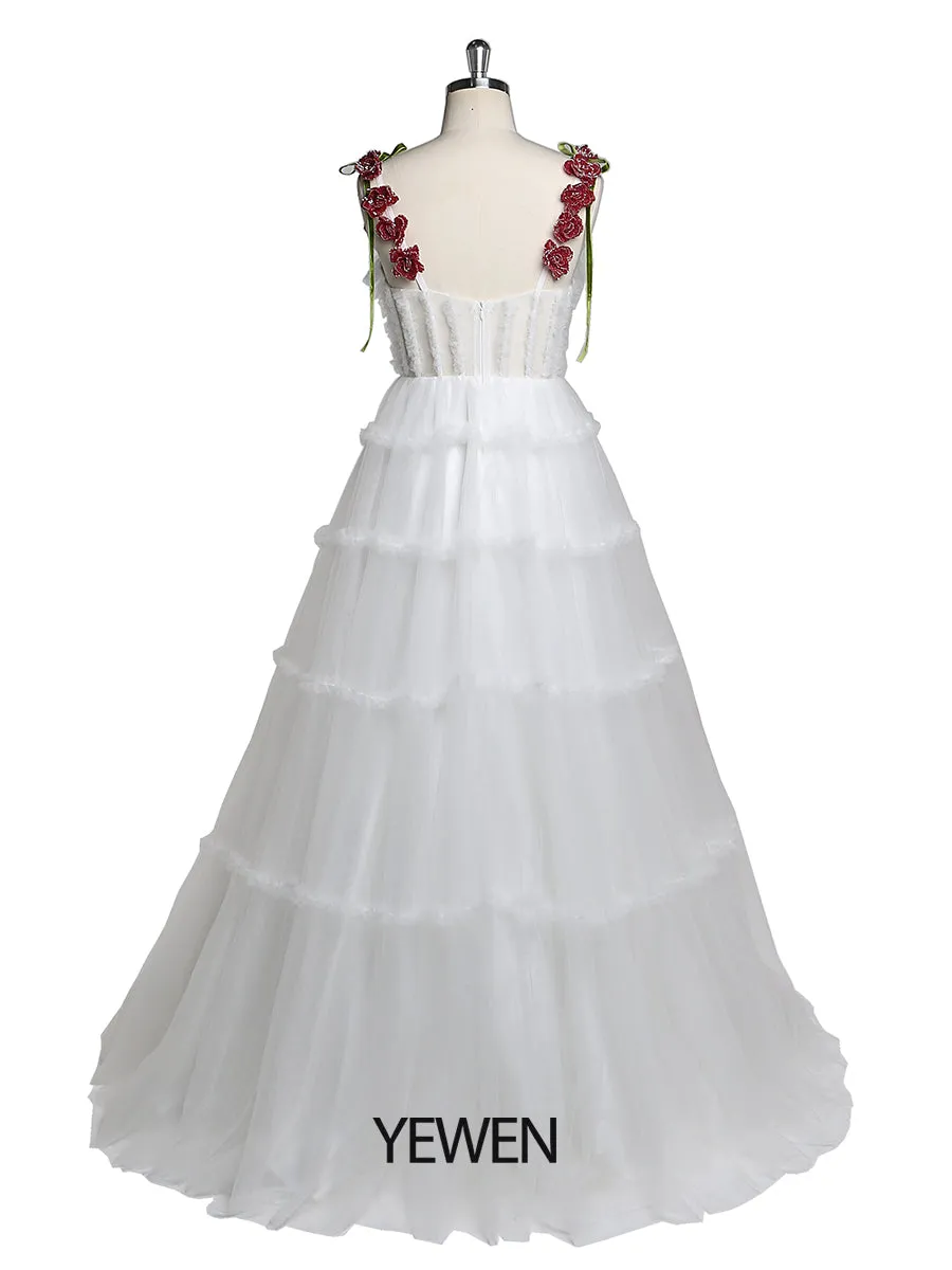 Elegant Sweetheart Neckline Wedding Dress with Spaghetti Strap Handmade Beading Flower YEWEN