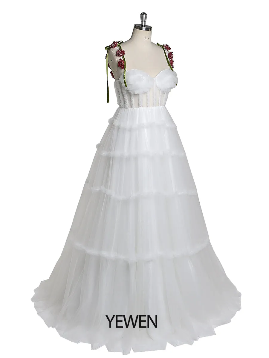 Elegant Sweetheart Neckline Wedding Dress with Spaghetti Strap Handmade Beading Flower YEWEN