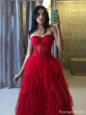 Elegant Sweetheart Sleeveless A-line Tulle Ruffles Long Prom Dresses Online, OL548