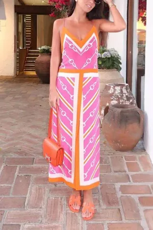 Elegant V-neck Contrast Print Strap Dress