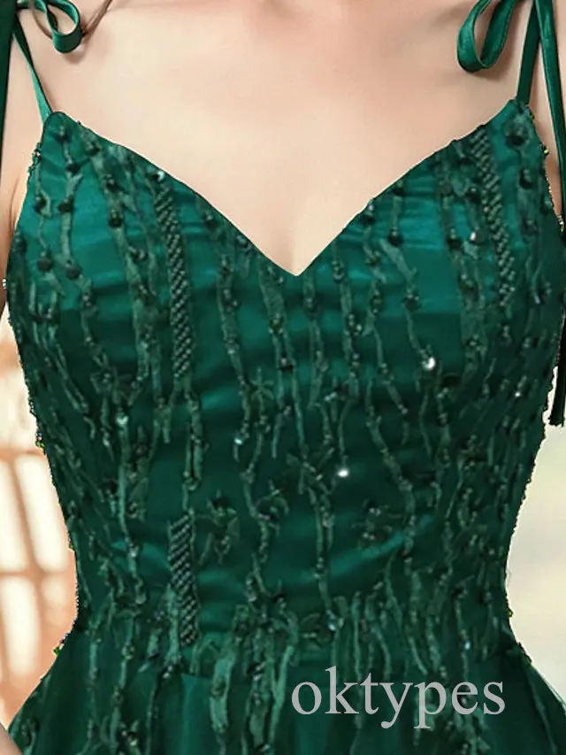 Emerald Sparkly V-neck Sleeveless A-line Floor Length Women Prom Dresses PDS1271