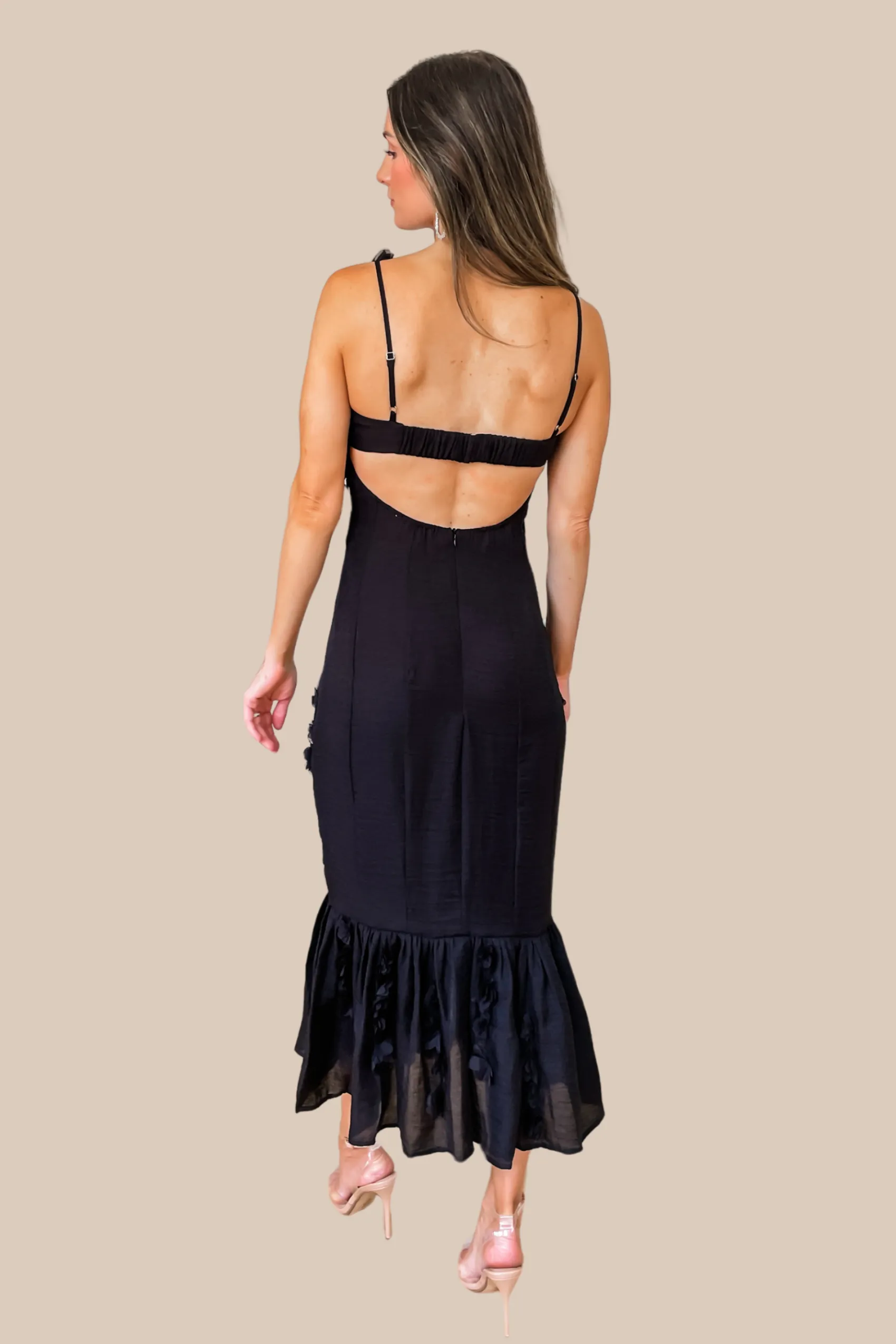 Enchanted Moment Floral Applique Midi Dress - Black - restock!
