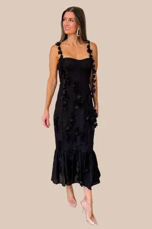 Enchanted Moment Floral Applique Midi Dress - Black - restock!