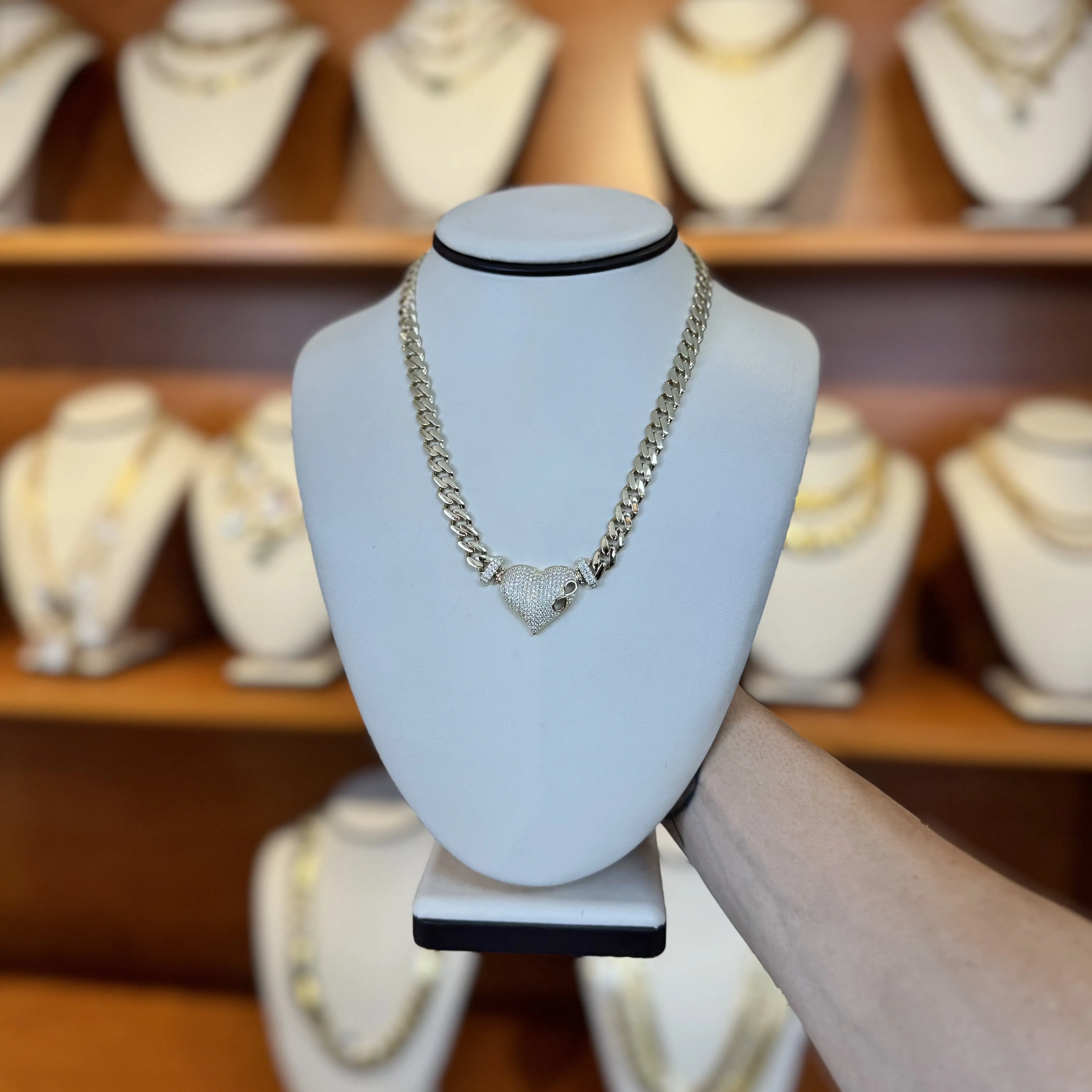 Fancy Monaco Style Necklace with attached Heart Pendant in 14Kt Gold