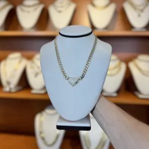 Fancy Monaco Style Necklace with attached Heart Pendant in 14Kt Gold