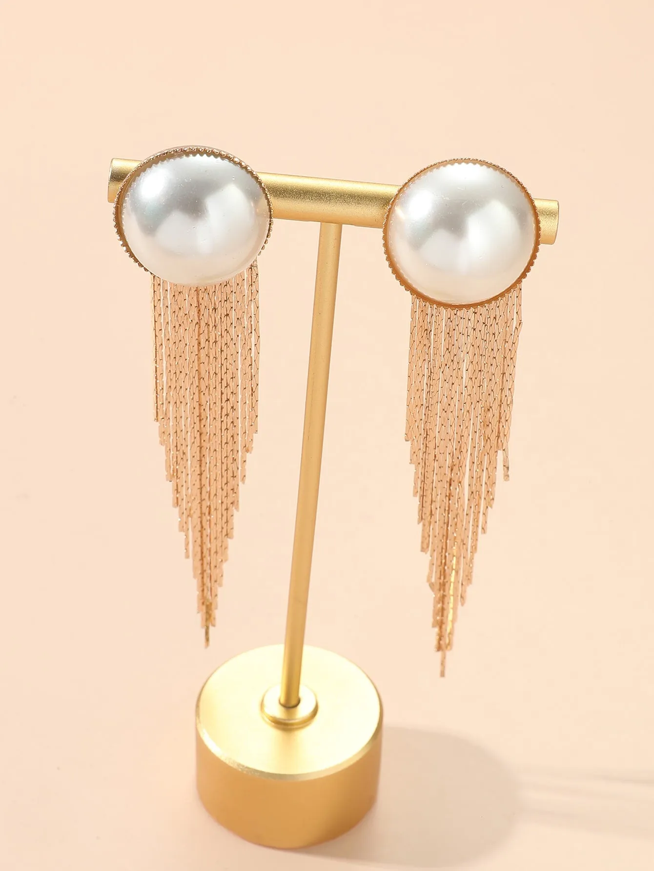 Faux Pearl Decor Metal Tassel Drop Earrings - Gold