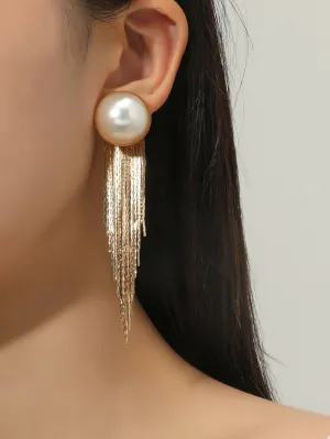 Faux Pearl Decor Metal Tassel Drop Earrings - Gold