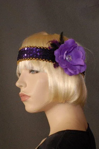 Flower and Feathers Flapper Headband Deluxe Purple