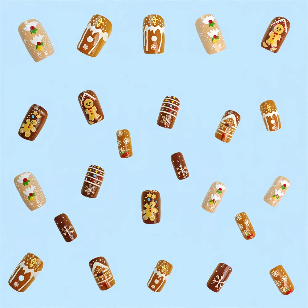 Fofosbeauty 24pcs Press on Nails, Fake Nails, Full Cover Acrylic Nails for Girls Women Kids, Coffin Christmas 3D Cookie Man Candy Lgloo