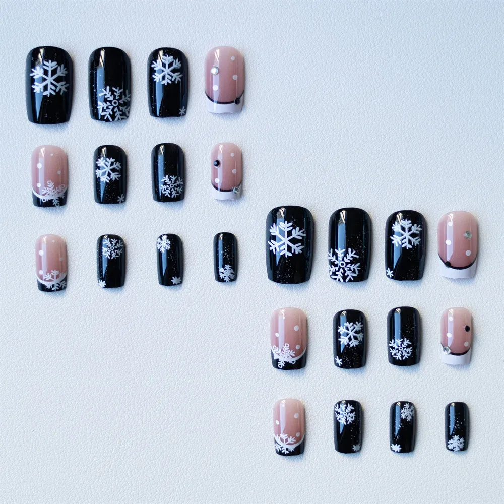 Fofosbeauty 24pcs Press on Nails, Fake Nails, Full Cover Acrylic Nails for Girls Women Kids, Coffin Christmas Snowflake Black White